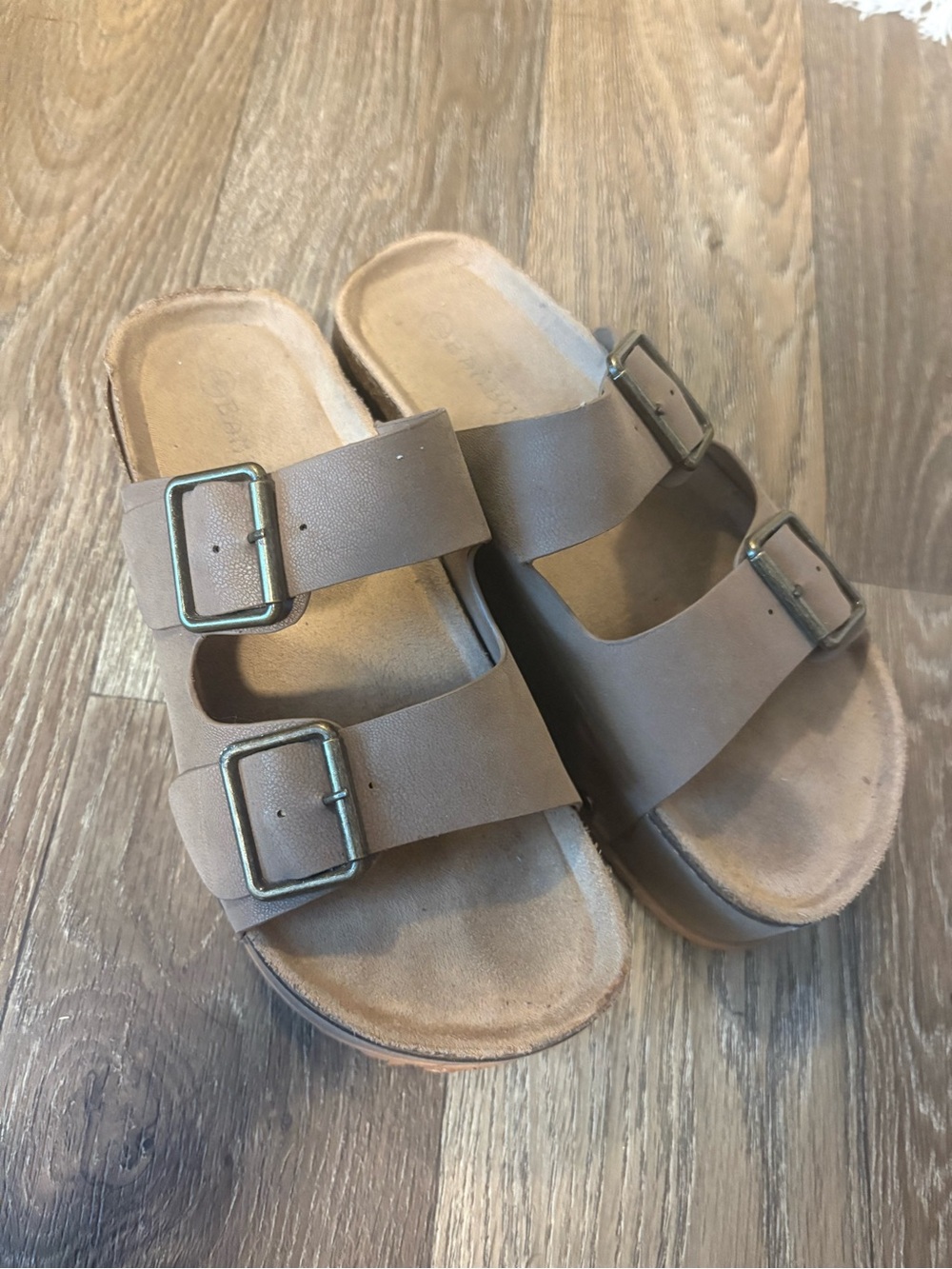 BAMBOO Brown Double Buckle Slide Sandals